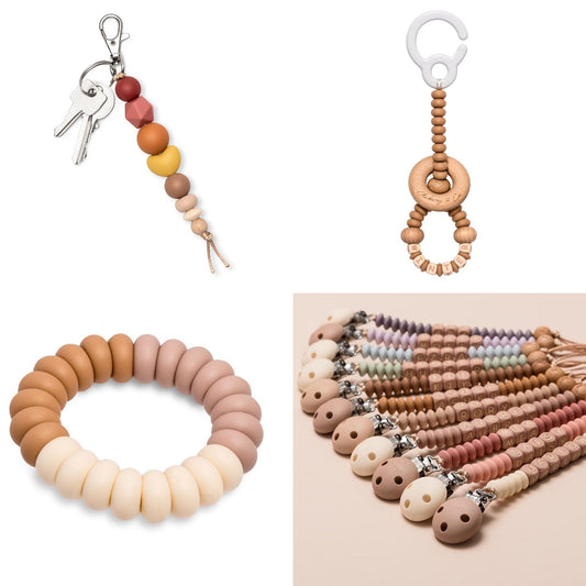 TikTok Live Product - 4 Piece Set - A Personalised Pram Toy, Teether, Dummy Clip & Key ring / Bag tag - Come Design With Me
