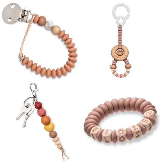 TikTok Live Product - 4 Piece Set - A Personalised Pram Toy, Teether, Dummy Clip & Key ring / Bag tag - Come Design With Me