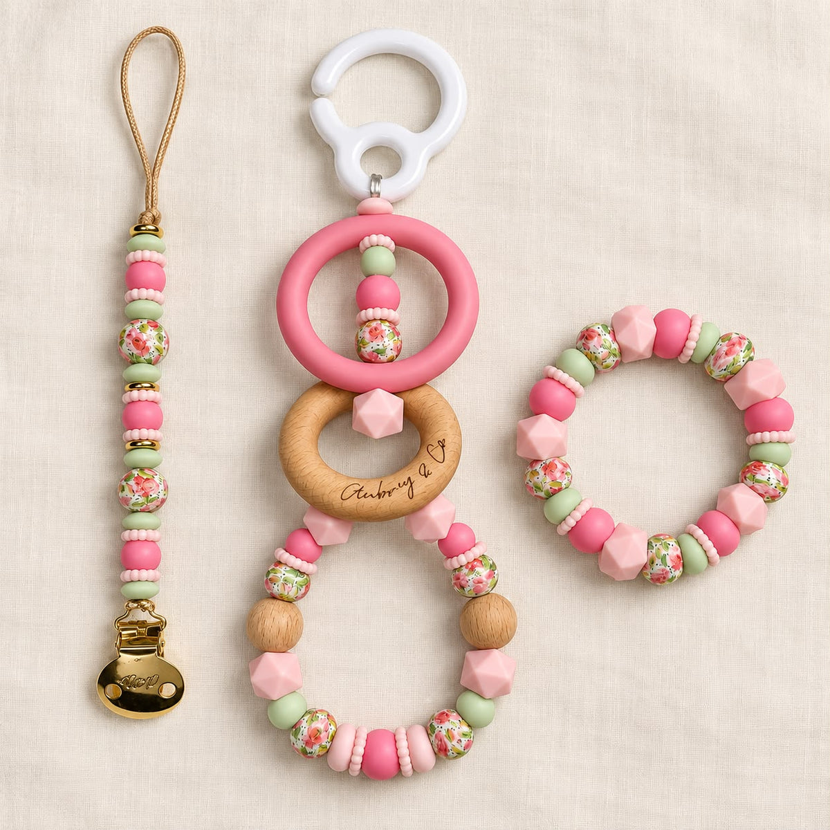 Claim it TikTok Live - 3 Piece Set - A Pram Toy, Teether & Dummy Clip